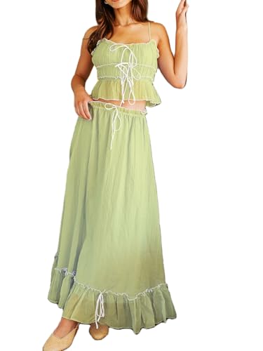 Women 2 Piece Outfits Y2k Sleeveless Lace Trim Cami Tops and Ruffle Ruched Maxi Skirt Matching Set