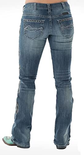 Women Bootcut Jeans, Stretchy Feather Flower Embroidery Mid Rise Slim Straight Leg Pants Jeans