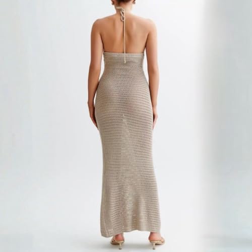 Women Halter Hollow Out Knitted Mini Dress Sexy Crochet 3D Flower Mini Dress