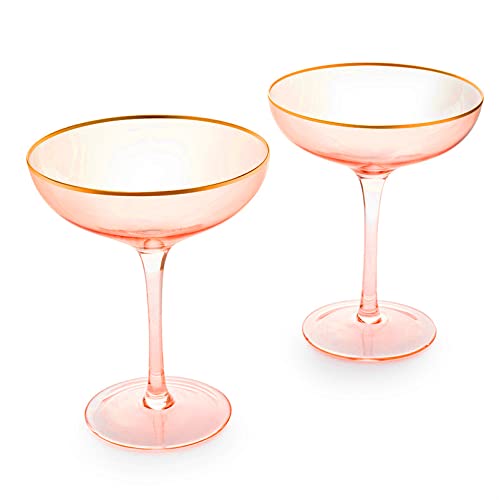 Colored Sunset Rim Coupe Glass, 9oz Cocktail & Champagne Glasses 2-Set Vibrant Color Gold Vintage Tumblers, Margarita, Glassware