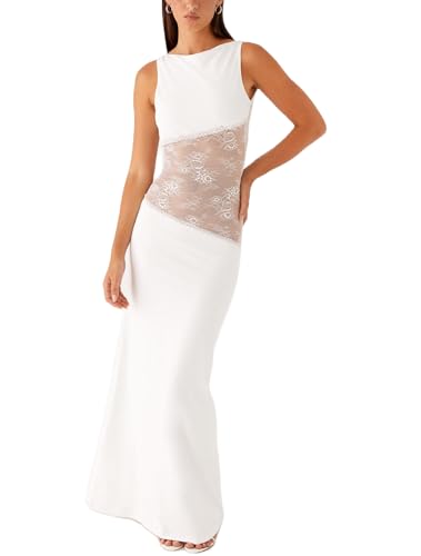 Women Satin Bodycon Maxi Dress Y2K Lace Patchwork Sleeveless Dress Backless Cutout Long Lace Dress Elegant