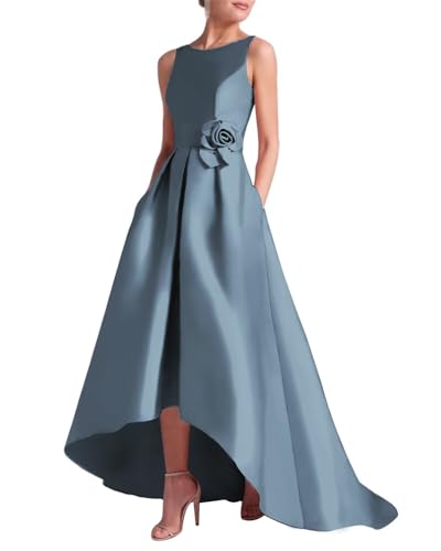 Women's 3D Flower Satin Mother of The Bride Dresses Hi-Low Formal Evening Party Gown