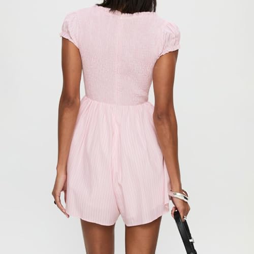 Women's Gingham Mini Dress Short Sleeve Bow Deep V Neck Smocked Waist Slim Fit Retro Plaid Dresses Y2k Sundress