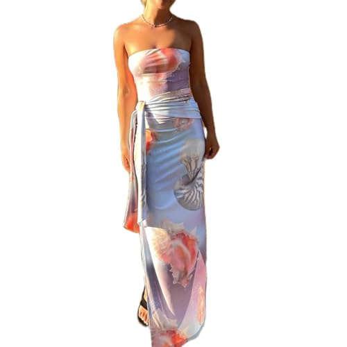 Women Y2k Floral Strapless Dress Sexy Backless Tube Maxi Dress Sleeveless Mesh Bodycon Long Dress