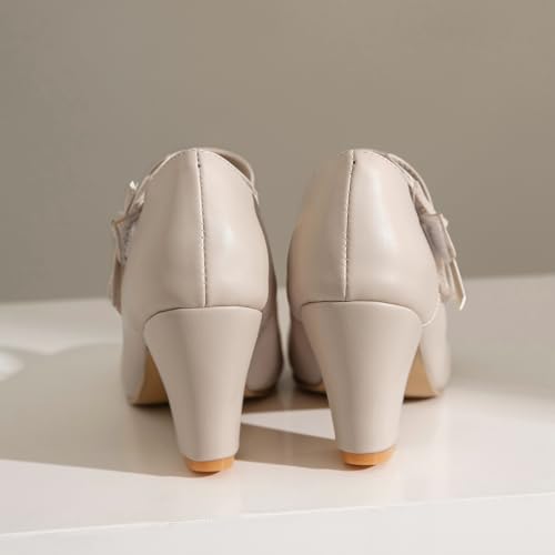 Women's Bow Mary Jane Dress Pumps Shoes Chunky Block High Heels Round Toe Shoes