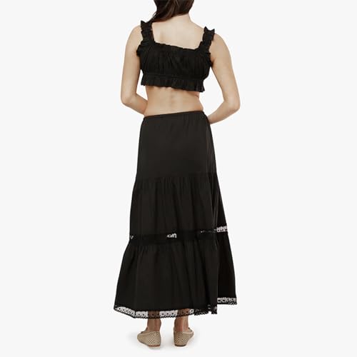 Women 2 Piece Outfits Y2k Sleeveless Lace Trim Cami Tops and Ruffle Ruched Maxi Skirt Matching Set