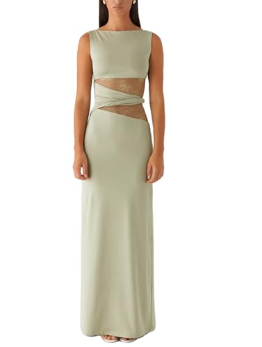 Women Satin Bodycon Maxi Dress Y2K Lace Patchwork Sleeveless Dress Backless Cutout Long Lace Dress Elegant