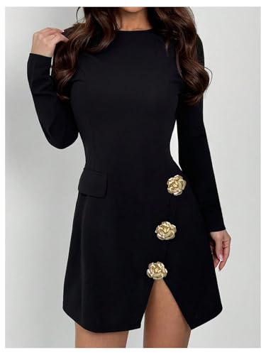 Women's 3D Floral Split Hem Dress Elegant Long Sleeve Crew Neck Flared Mini Work Office Dresses