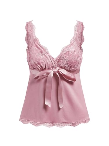 Women's Coquette Tank Tops Y2K Lace Trim Crop Top Bowknot Deep V Neck Sleeveless Camisole Blouse