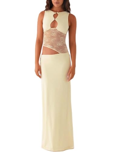 Women Satin Bodycon Maxi Dress Y2K Lace Patchwork Sleeveless Dress Backless Cutout Long Lace Dress Elegant