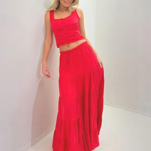 Women 2 Piece Outfits Y2k Sleeveless Lace Trim Cami Tops and Ruffle Ruched Maxi Skirt Matching Set