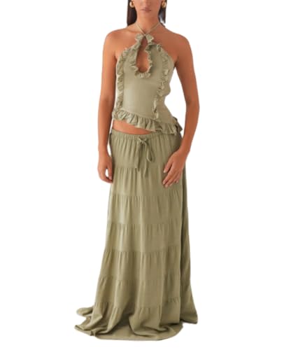 Womens 2 Piece Maxi Skirt Set Y2k Halter Ruched Cami Top Tiered Flowy Ruffle Skirt Outfit