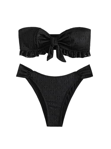 Women's 2 Piece Bathing Suit Ruffle Hem Bandeau Tie Front Bikini Set
