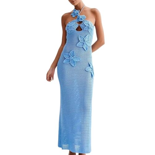 Women Halter Hollow Out Knitted Mini Dress Sexy Crochet 3D Flower Mini Dress
