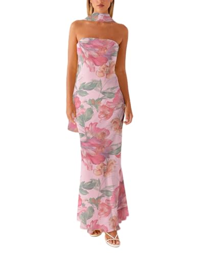 Women Y2k Floral Strapless Dress Sexy Backless Tube Maxi Dress Sleeveless Mesh Bodycon Long Dress