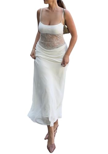 Women Sexy Hollow Out Maxi Dress Sleeveless Backless Lace Pachwork Bodycon Long Dress Y2k Dress