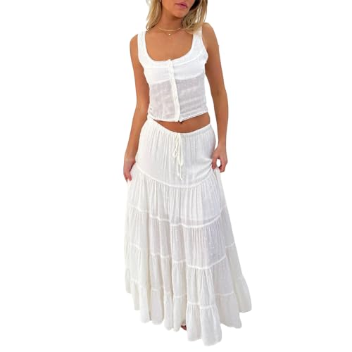 Women 2 Piece Outfits Y2k Sleeveless Lace Trim Cami Tops and Ruffle Ruched Maxi Skirt Matching Set