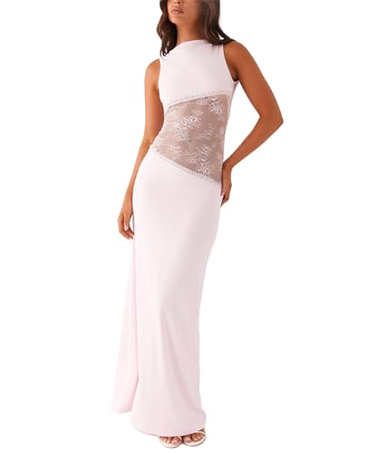 Women Sexy Hollow Out Maxi Dress Sleeveless Backless Lace Pachwork Bodycon Long Dress Y2k Dress