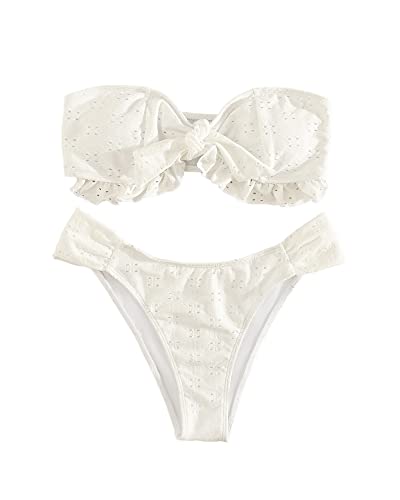 Women's 2 Piece Bathing Suit Ruffle Hem Bandeau Tie Front Bikini Set