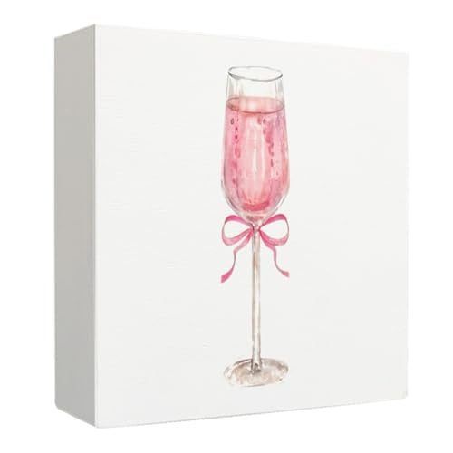 Coquette Pink Bow Champagne Wooden Box Sign, 5x5 Inch