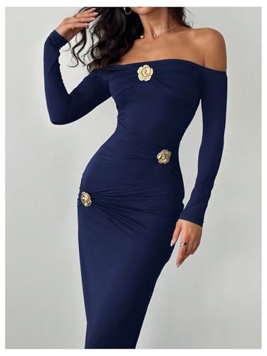 Women's Flower Off The Shoulder Bodycon Maxi Dress Long Sleeve Ruched Dresses Wedding Guest Going Out Dress