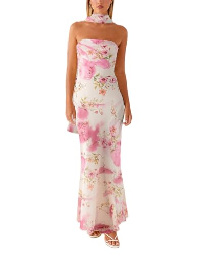 Women Y2k Floral Strapless Dress Sexy Backless Tube Maxi Dress Sleeveless Mesh Bodycon Long Dress