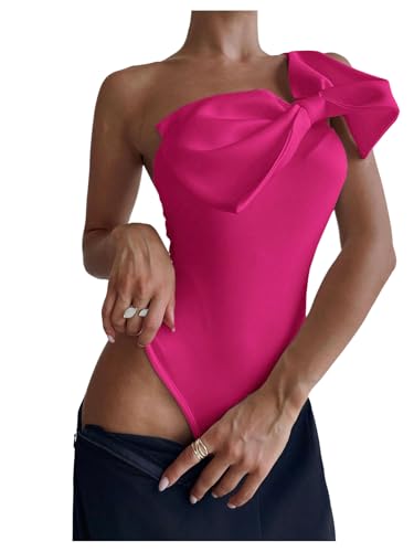 Women's One Shoulder Sleeveless Big Bow Front Elegant Fitted Tank Top Bodysuit