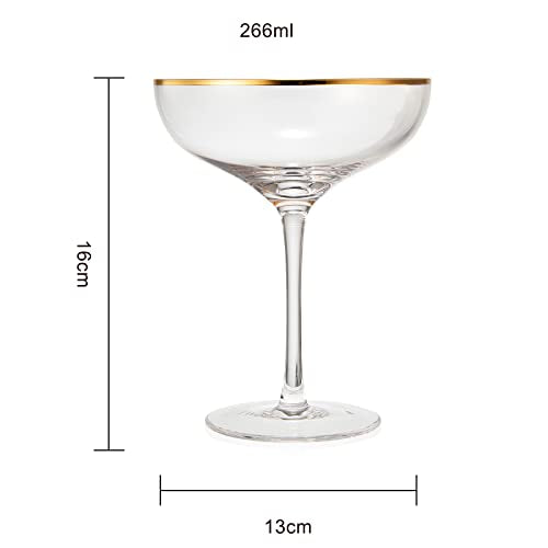 Colored Sunset Rim Coupe Glass, 9oz Cocktail & Champagne Glasses 2-Set Vibrant Color Gold Vintage Tumblers, Margarita, Glassware