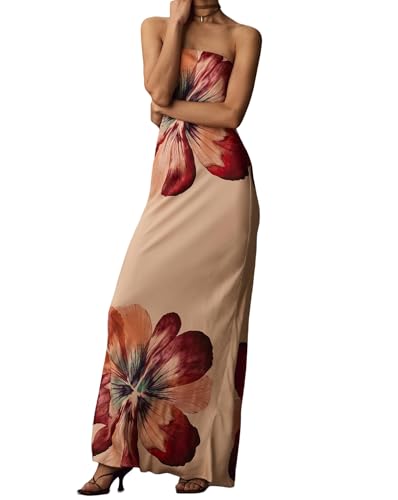 Women Floral Strapless Maxi Dress Sexy Bodycon Backless Tube Long Dress Summer Off Shoulder Cocktail Dresses