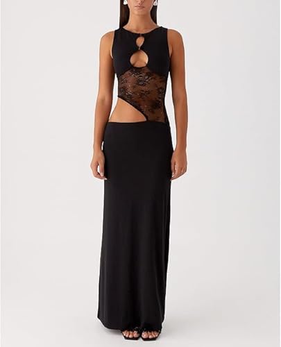Women Satin Bodycon Maxi Dress Y2K Lace Patchwork Sleeveless Dress Backless Cutout Long Lace Dress Elegant