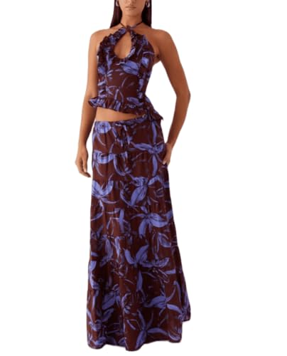 Womens 2 Piece Maxi Skirt Set Y2k Halter Ruched Cami Top Tiered Flowy Ruffle Skirt Outfit