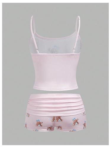 Women's 2 Piece Cute Pajama Set Cartoon Print Ruched Cami Crop Tops and Shorts Lounge Sets