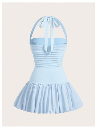 Women's Bubble Mini Dress Halter Backless Ruched Y2K Short Sundress with Built-in Shorts