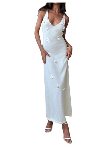 Women's Maxi Floral Appliques V Neck Sleeveless Summer Bodycon Dresses