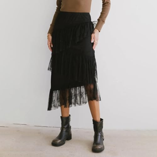 Lace Maxi Skirt High Waist Ruffle A-Line Flare Long Skirt