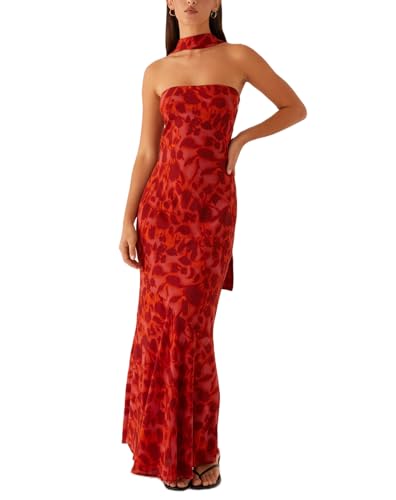 Women Y2k Floral Strapless Dress Sexy Backless Tube Maxi Dress Sleeveless Mesh Bodycon Long Dress