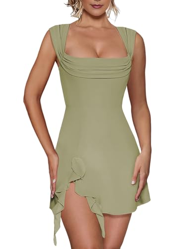 Women's Sexy Square Neck Dress Sleeveless Elegant Ruffle Side Slit A Line Mini Dress