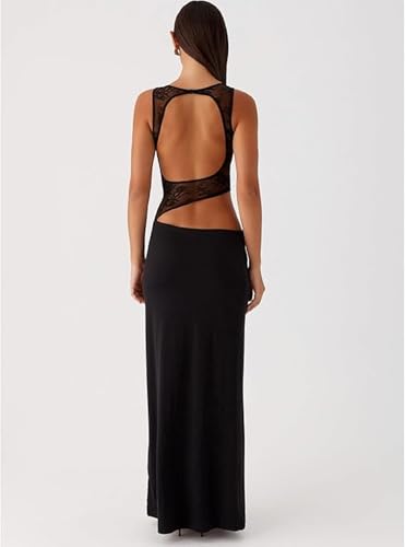 Women Satin Bodycon Maxi Dress Y2K Lace Patchwork Sleeveless Dress Backless Cutout Long Lace Dress Elegant