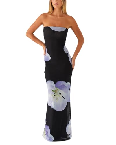 Women Y2k Floral Strapless Dress Sexy Backless Tube Maxi Dress Sleeveless Mesh Bodycon Long Dress