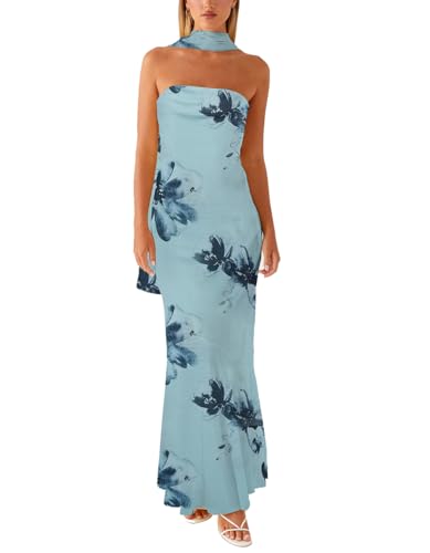 Women Y2k Floral Strapless Dress Sexy Backless Tube Maxi Dress Sleeveless Mesh Bodycon Long Dress