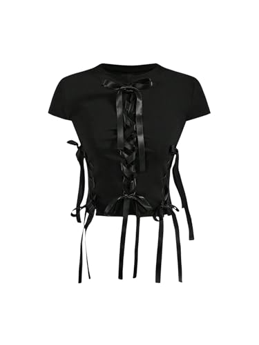 Women's Y2k Bow Tie Front T Shirt Short Sleeve Crew Neck Coquette Crop Tops