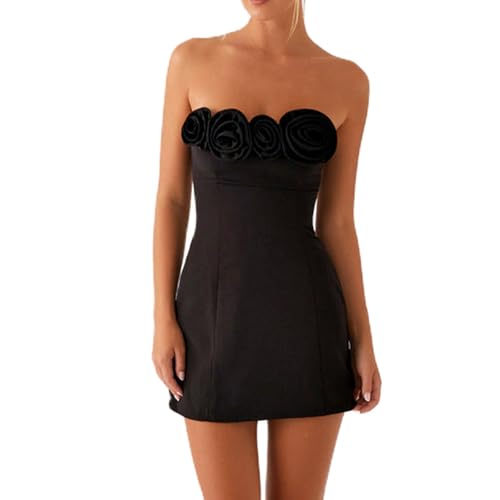 Women's Strapless 3D Flower Mini Dress Sexy Ruffle Short Tube Dress with 3DFloral Bodycon Backless Cocktail Party