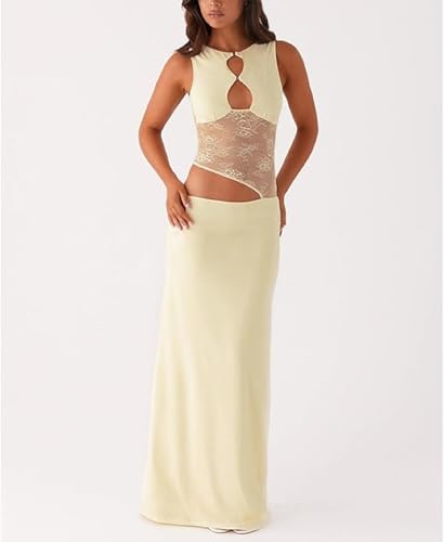 Women Satin Bodycon Maxi Dress Y2K Lace Patchwork Sleeveless Dress Backless Cutout Long Lace Dress Elegant