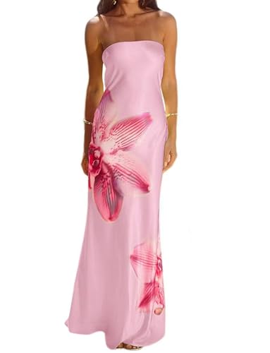 Women Floral Strapless Maxi Dress Sexy Bodycon Backless Tube Long Dress Summer Off Shoulder Cocktail Dresses