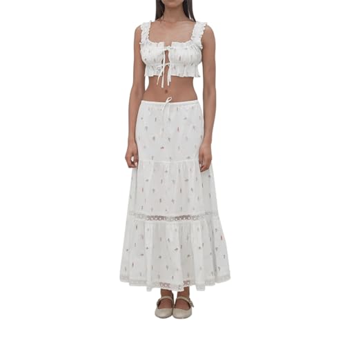 Women 2 Piece Outfits Y2k Sleeveless Lace Trim Cami Tops and Ruffle Ruched Maxi Skirt Matching Set