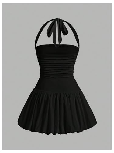 Women's Bubble Mini Dress Halter Backless Ruched Y2K Short Sundress with Built-in Shorts