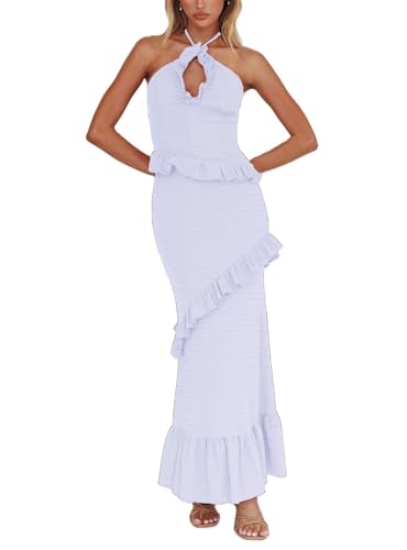 Womens 2 Piece Maxi Skirt Set Y2k Halter Ruched Cami Top Tiered Flowy Ruffle Skirt Outfit