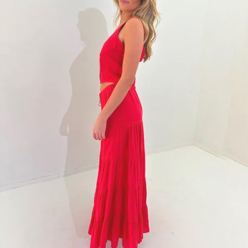 Women 2 Piece Outfits Y2k Sleeveless Lace Trim Cami Tops and Ruffle Ruched Maxi Skirt Matching Set