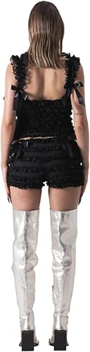 Women's Sexy Ruffle 2 Piece Sets Short Sleeve Bow Tie Front Crop Tops and Smocked Ruched Shorts Loungewear