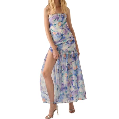 Women Y2k Floral Strapless Dress Sexy Backless Tube Maxi Dress Sleeveless Mesh Bodycon Long Dress